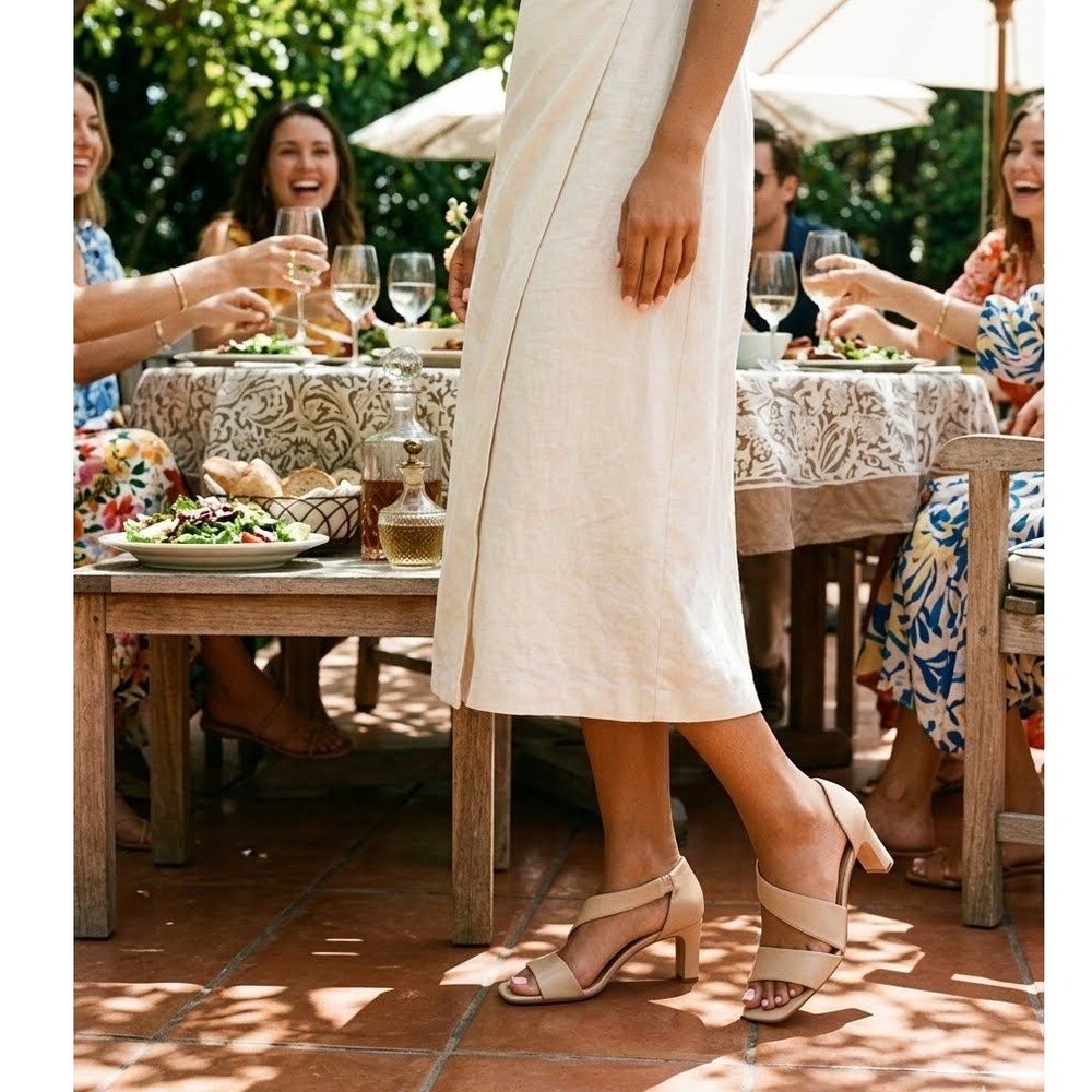 Bernardo Women Beige Leather Square Toe Asymmetrical Block Heel Sandals‎ 7.5M
